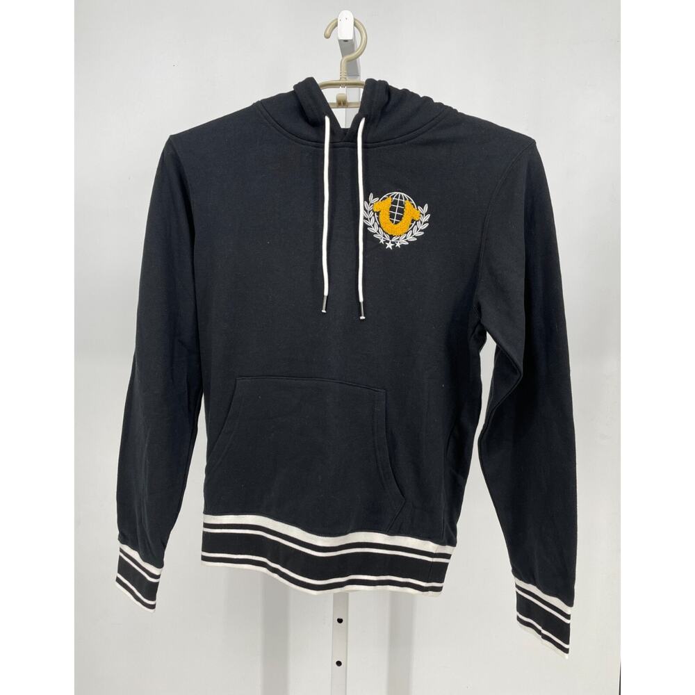 True Religion Mens Collegiate Pullover Hoodie M Black Chenille Logo Patch 104752